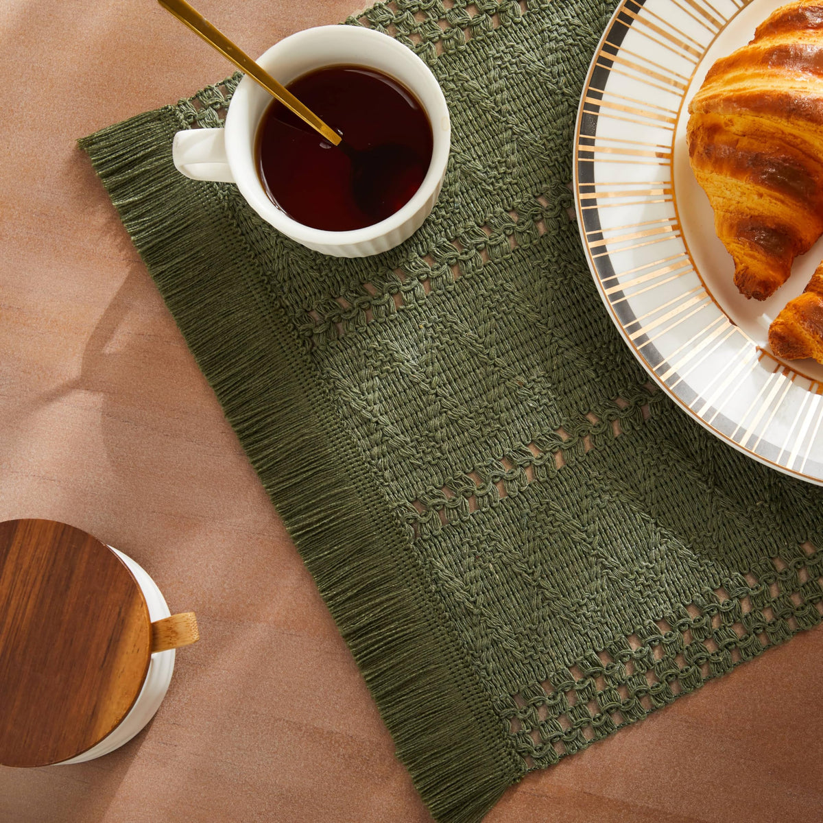 ZeeMart Macrame Style Boho Placemats Set of 4, Olive 12x20 Inch