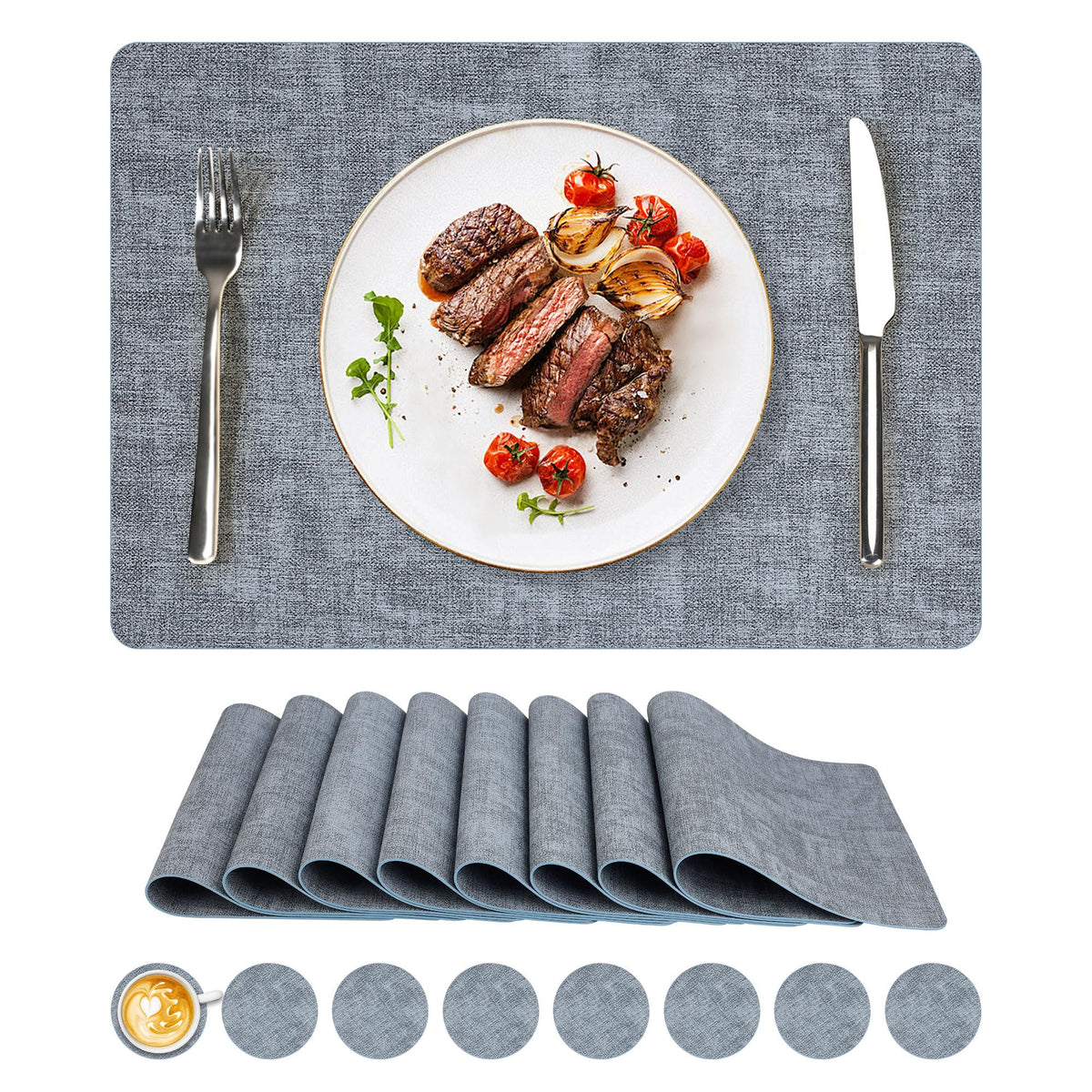 NCUE Vinyl Placemats Set of 6, 17"x12" Wipeable Place Mats with Coasters