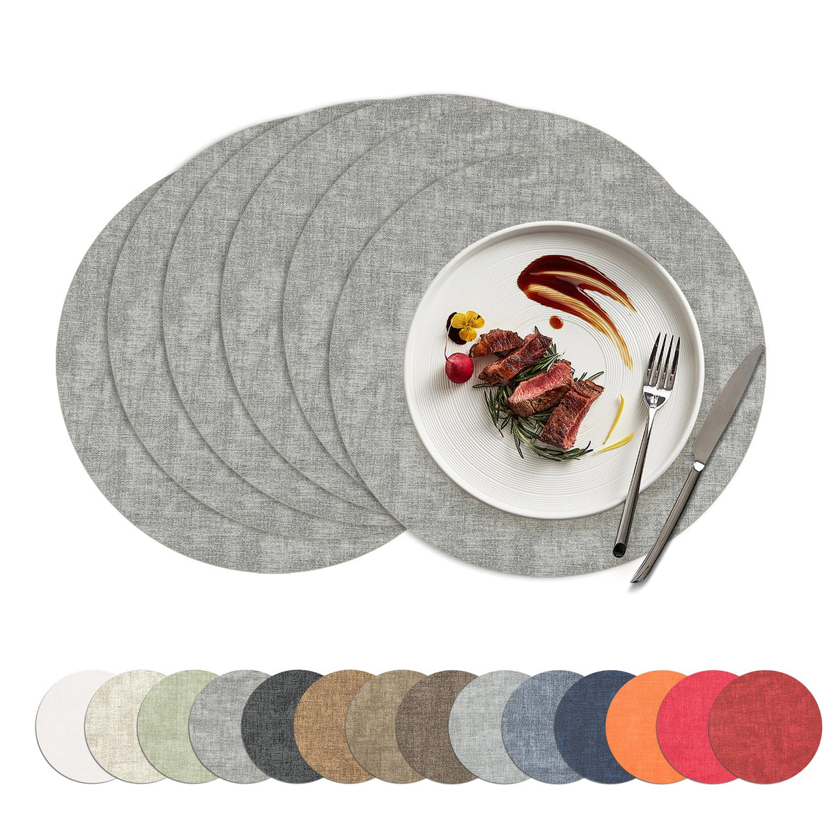 Placemats Set of 4, 15 Inch Round Faux Leather Place Mats