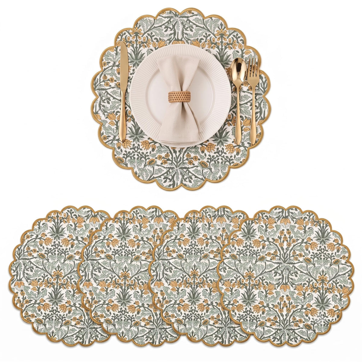 Ridhi Floral Block Print Round Placemats 15" in, Set of 4, Powder Blue