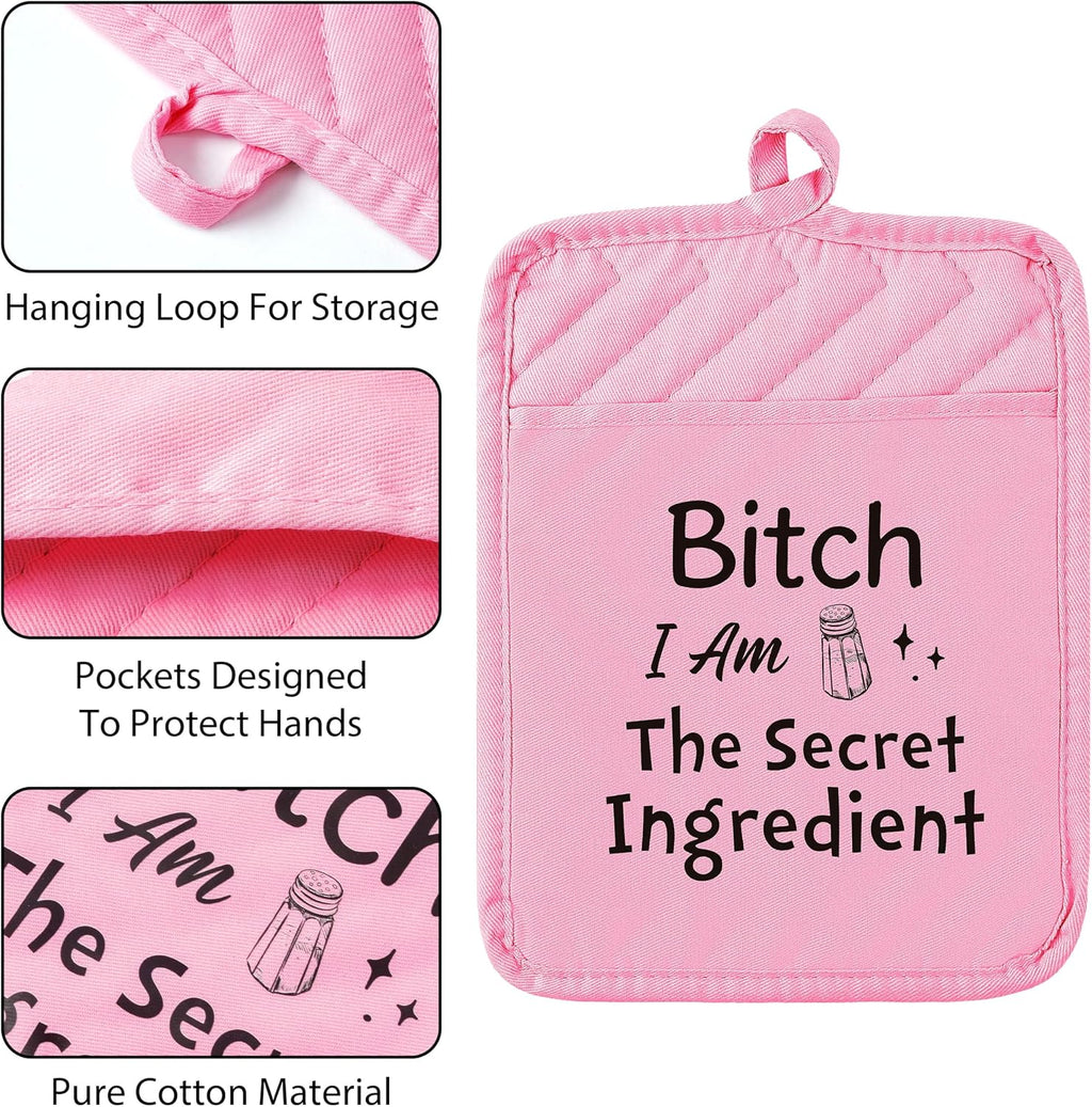 6Pcs Funny Oven Mitts Pot Holders Baking Gift, I Am The Secret Ingredient Resistant Hot Pad Machine Washable Gloves with Hanging Pocket Potholder for Friend Women Gift for Love Kitchen Cooking