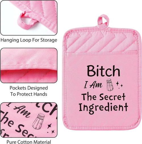 6Pcs Funny Oven Mitts Pot Holders Baking Gift, I Am The Secret Ingredient Resistant Hot Pad Machine Washable Gloves with Hanging Pocket Potholder for Friend Women Gift for Love Kitchen Cooking