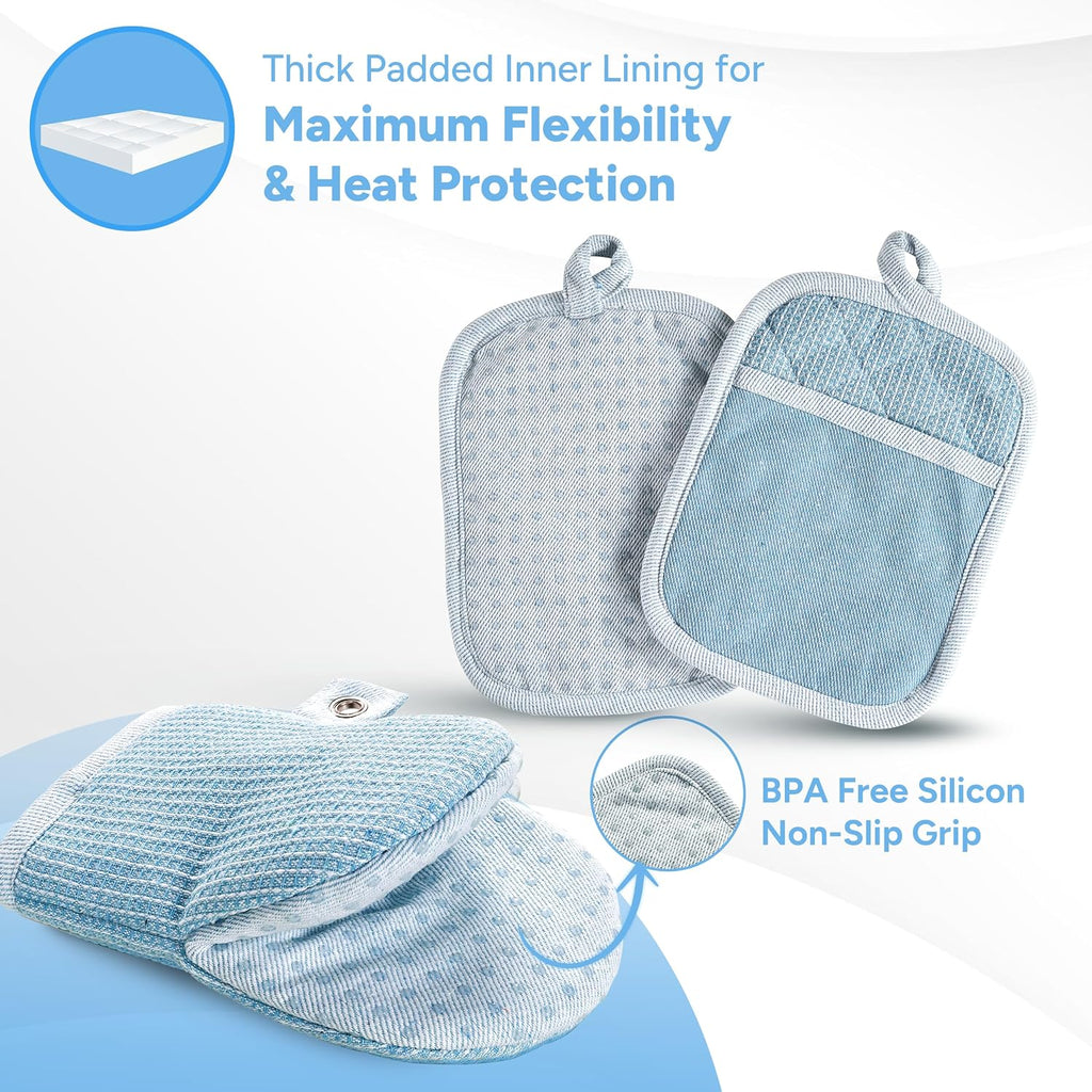 Casa Platino Silicone Oven Mitts Set, 8-Piece – 500°F Heat Resistant Mini Oven Mitt, Potholders for Kitchens, 2 Kitchen Towels & 2 Dish Cloths – Durable, Non-Slip & Machine Washable – Cornflower