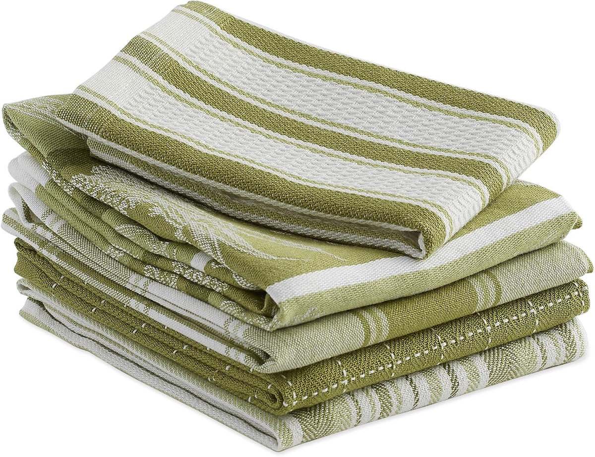 DII Assorted Pattern Kitchen Dishtowels and Dishcloth Set of 5, Parsley Green