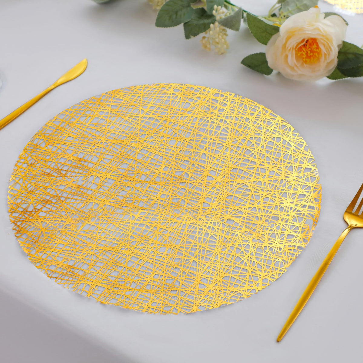 Snowkingdom Gold Placemats Set of 24 Round 13 Inch Foil Mesh Pressed Fall Disposable Table Mates 24 Pack Gold Doilies for Dining Table Wedding Birthday Party Holiday Home Decoration