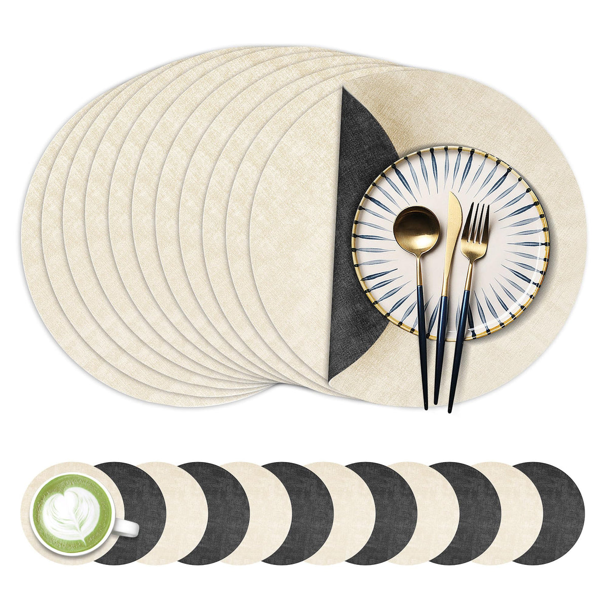 Fyvva Placemats Set of 4, 13" Round Reversible Faux Leather with Coasters