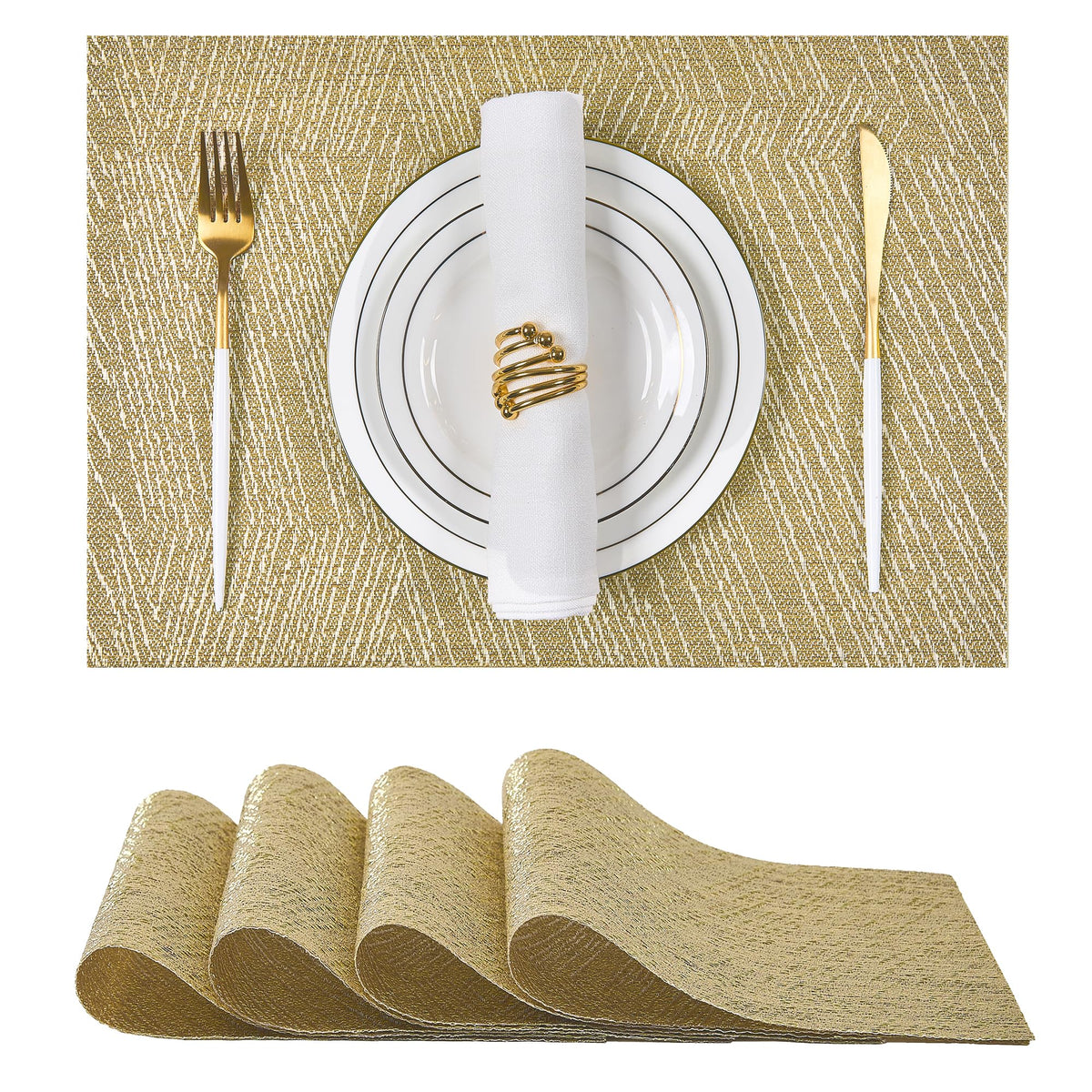 Beige Placemats Set of 6 - Heat-Resistant, Non-Slip Table Mats, Washable Woven Vinyl for Indoor & Outdoor Dining