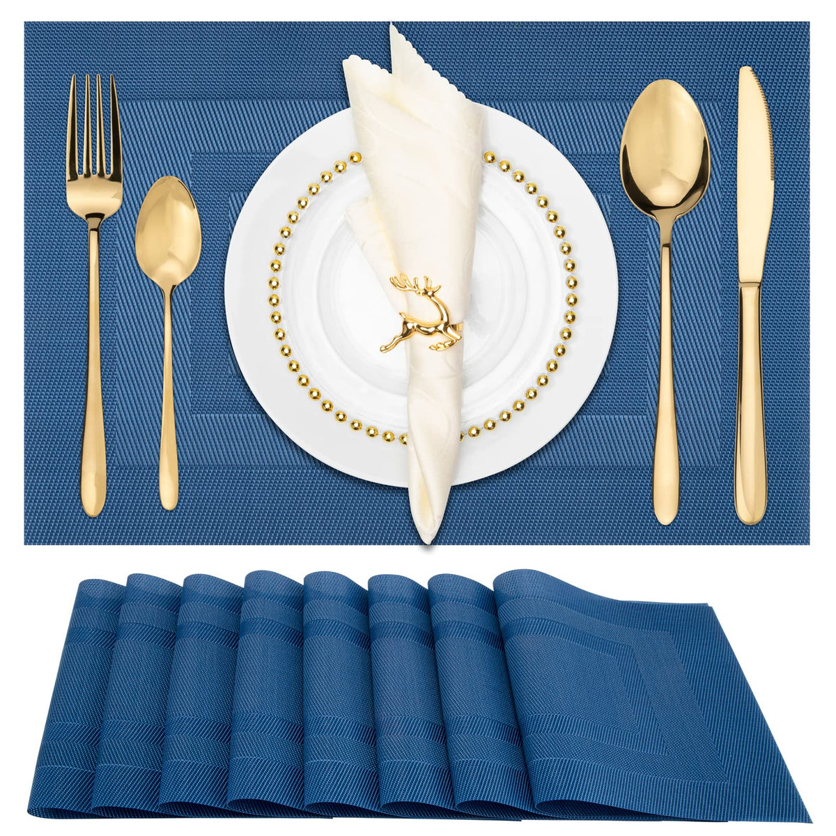 Winknowl Placemats Set of 8, Heat Resistant Non-Slip Vinyl Woven Table Mats for Dining Table, Washable Durable Elegant Place Mats for Kitchen Indoor/Outdoor Use (Beige Blue)