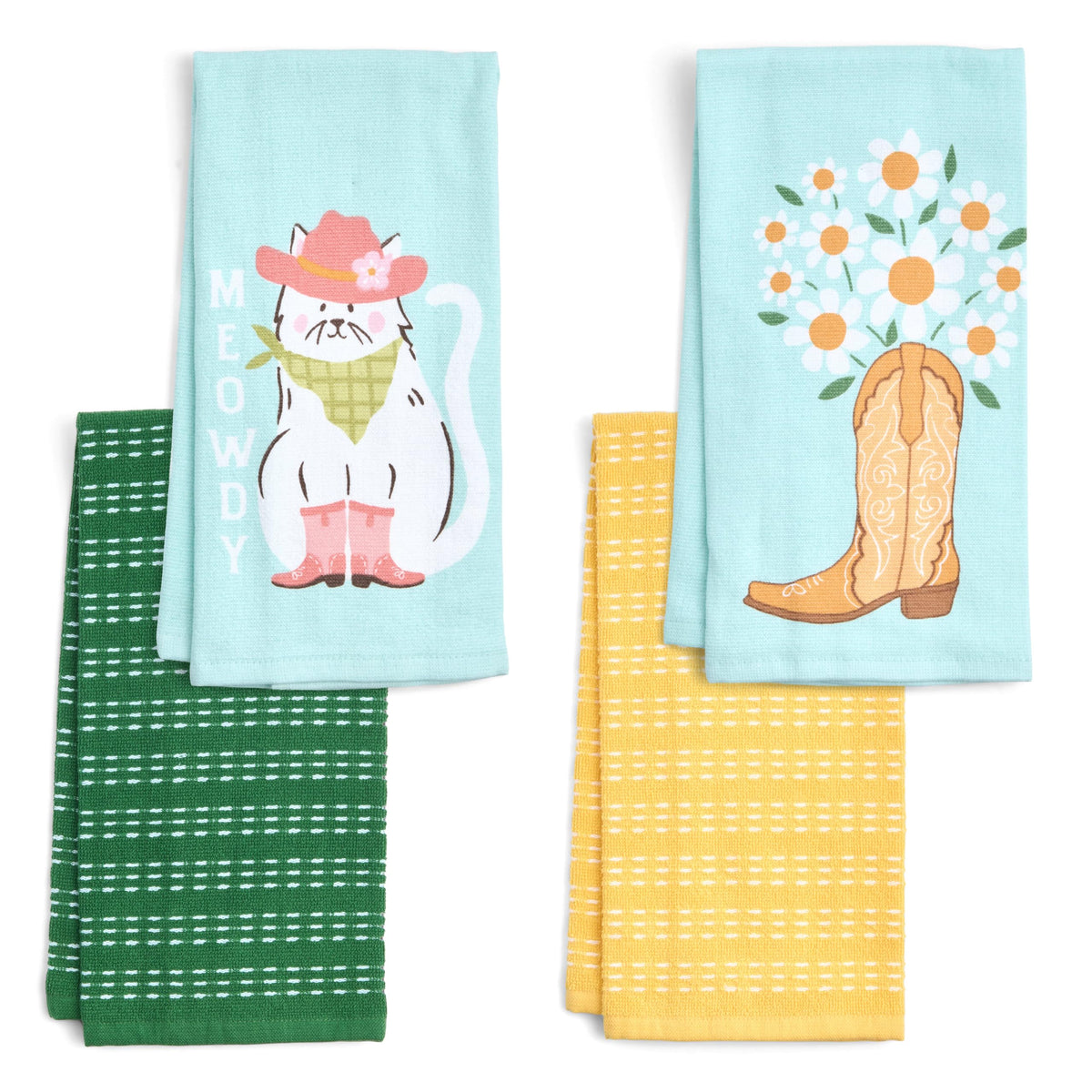 Ritz 4-Piece Kitchen Towel Set, Tomato & Olive Prints with Pine Green & Blue Textured Terry, 100% Cotton & Absorbent Blend, 16" x 26", Vintage Mediterranean Foodie Kitchen Decor