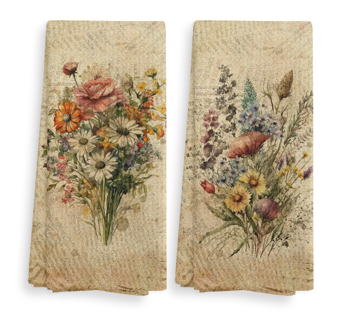 Vintage Floral Kitchen Towels and Dishcloths Set of 2, Vintage Decorative Kitchen Towels, Bouquet Decorative Towels, Retro Wildflower Drying Cloth Hand Towels for Bathroom Kitchen, 16×24 Inches