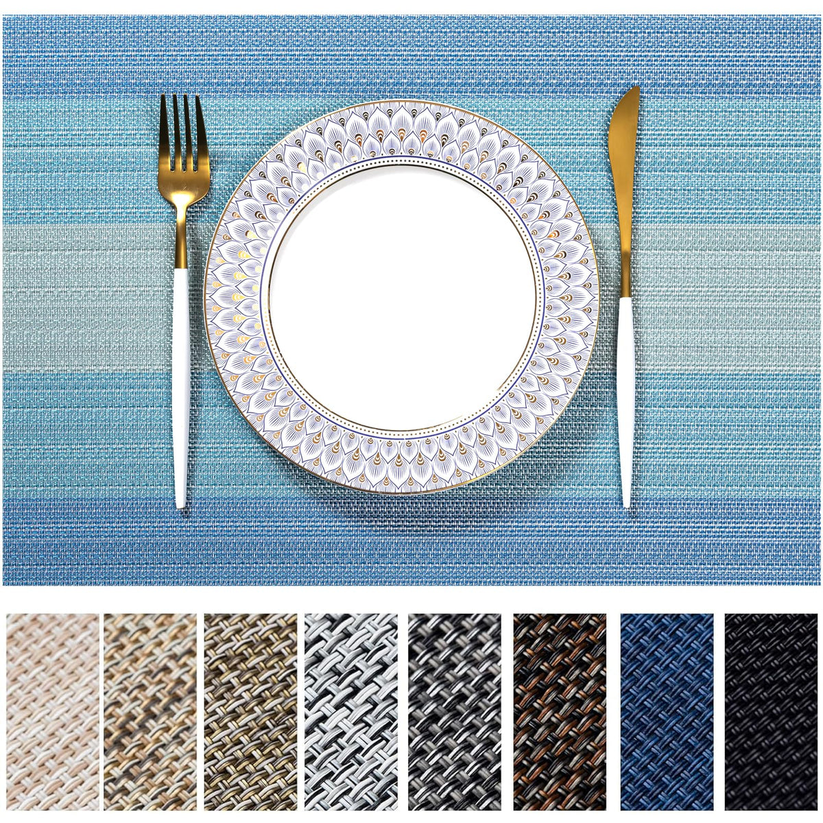 LEXMORE Placemats Set of 4 Vinyl/Plastic Woven Place Mats for Kitchen Table Indoor/Outdoor Washable Placemat Wipeable Dining Table Mats(Navy Blue)