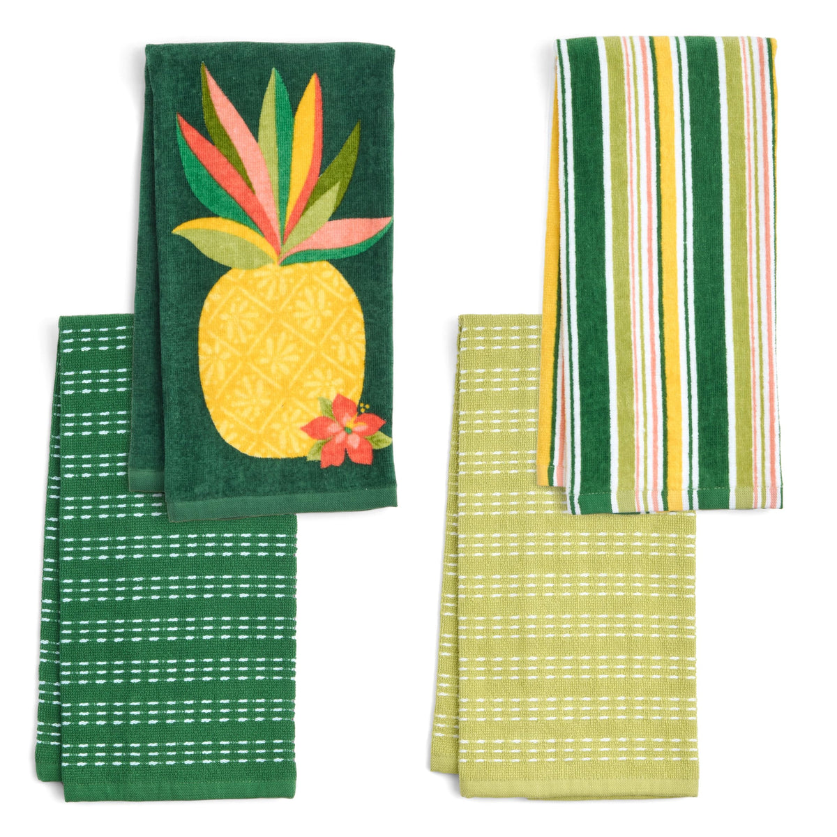 Ritz 4-Piece Kitchen Towel Set, Tomato & Olive Prints with Pine Green & Blue Textured Terry, 100% Cotton & Absorbent Blend, 16" x 26", Vintage Mediterranean Foodie Kitchen Decor
