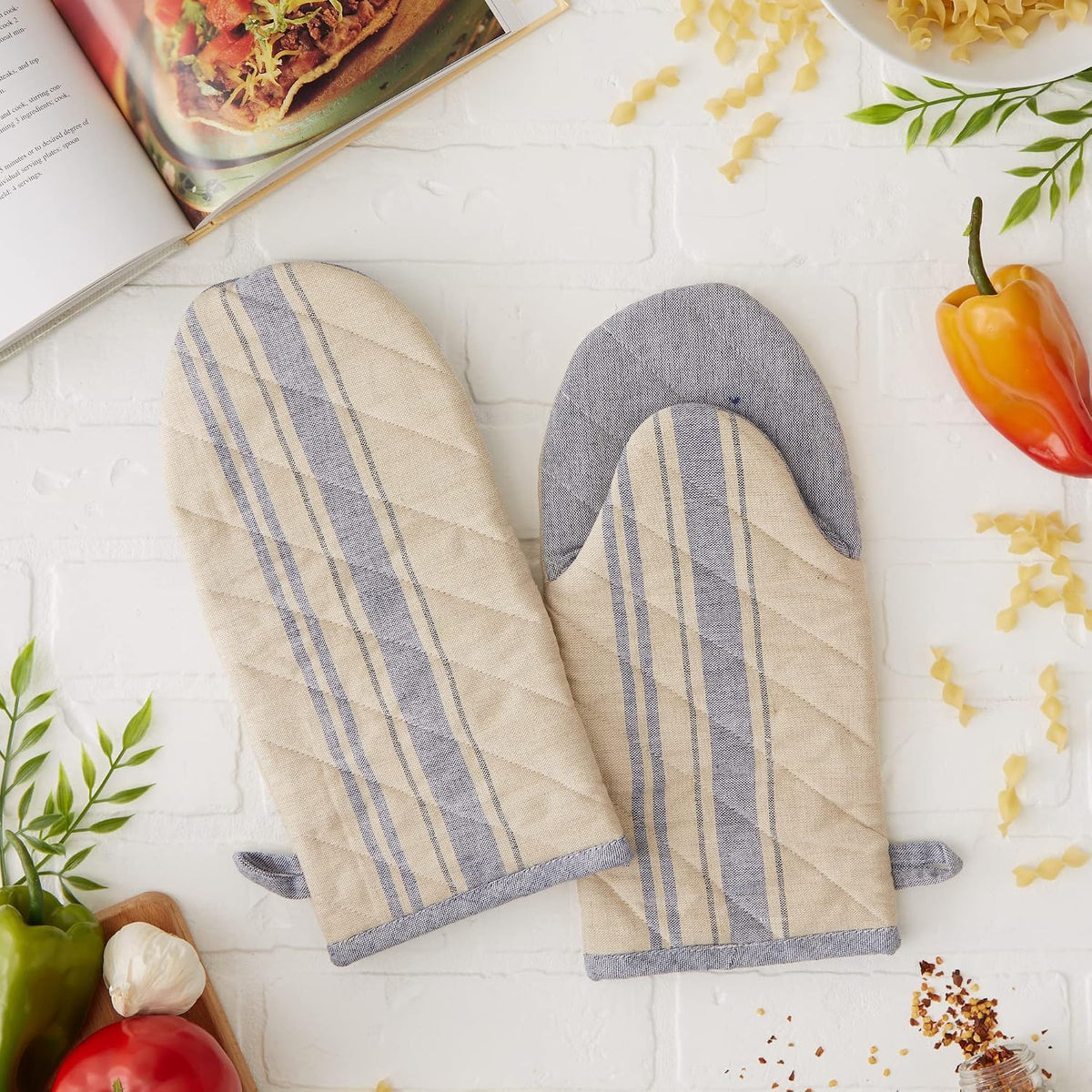 DII French Stripe, Kitchen Collection, Oven Mitts, Nautical Blue, 2 Count