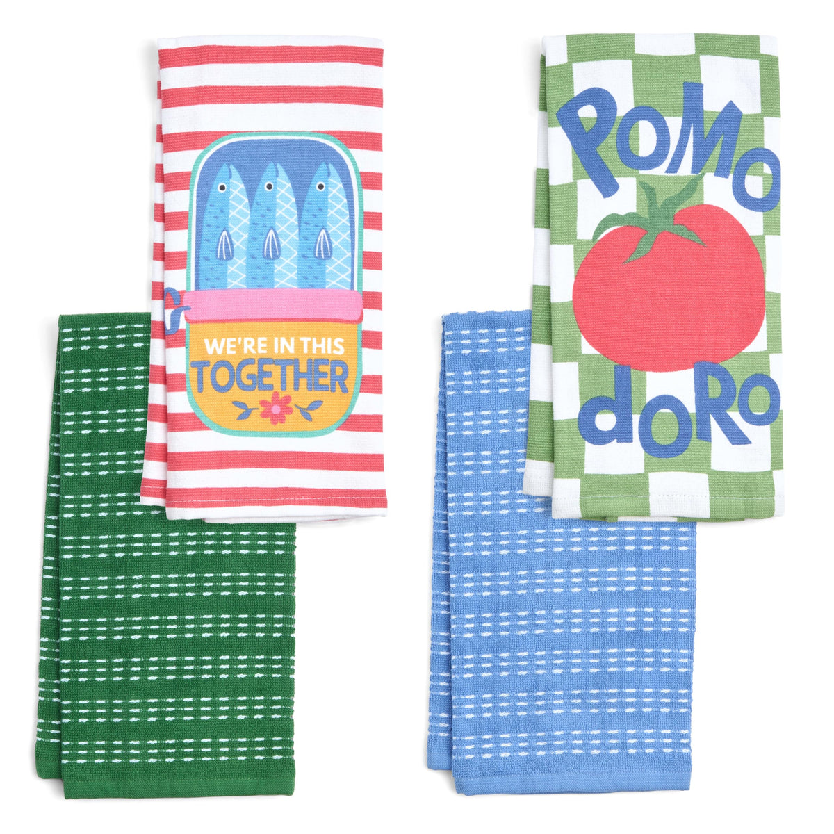 Ritz 4-Piece Kitchen Towel Set, Tomato & Olive Prints with Pine Green & Blue Textured Terry, 100% Cotton & Absorbent Blend, 16" x 26", Vintage Mediterranean Foodie Kitchen Decor
