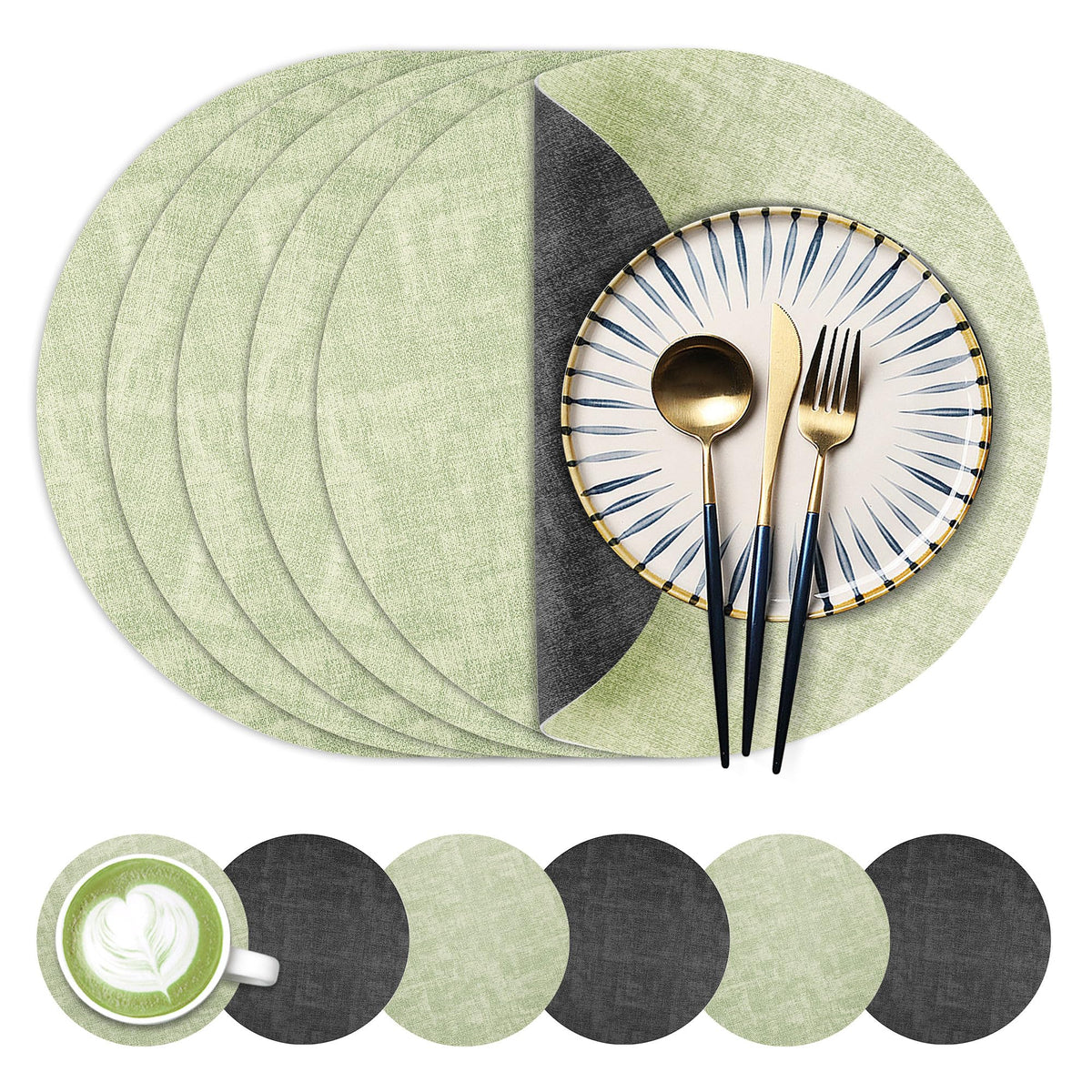 Fyvva Placemats Set of 4, 13" Round Reversible Faux Leather with Coasters