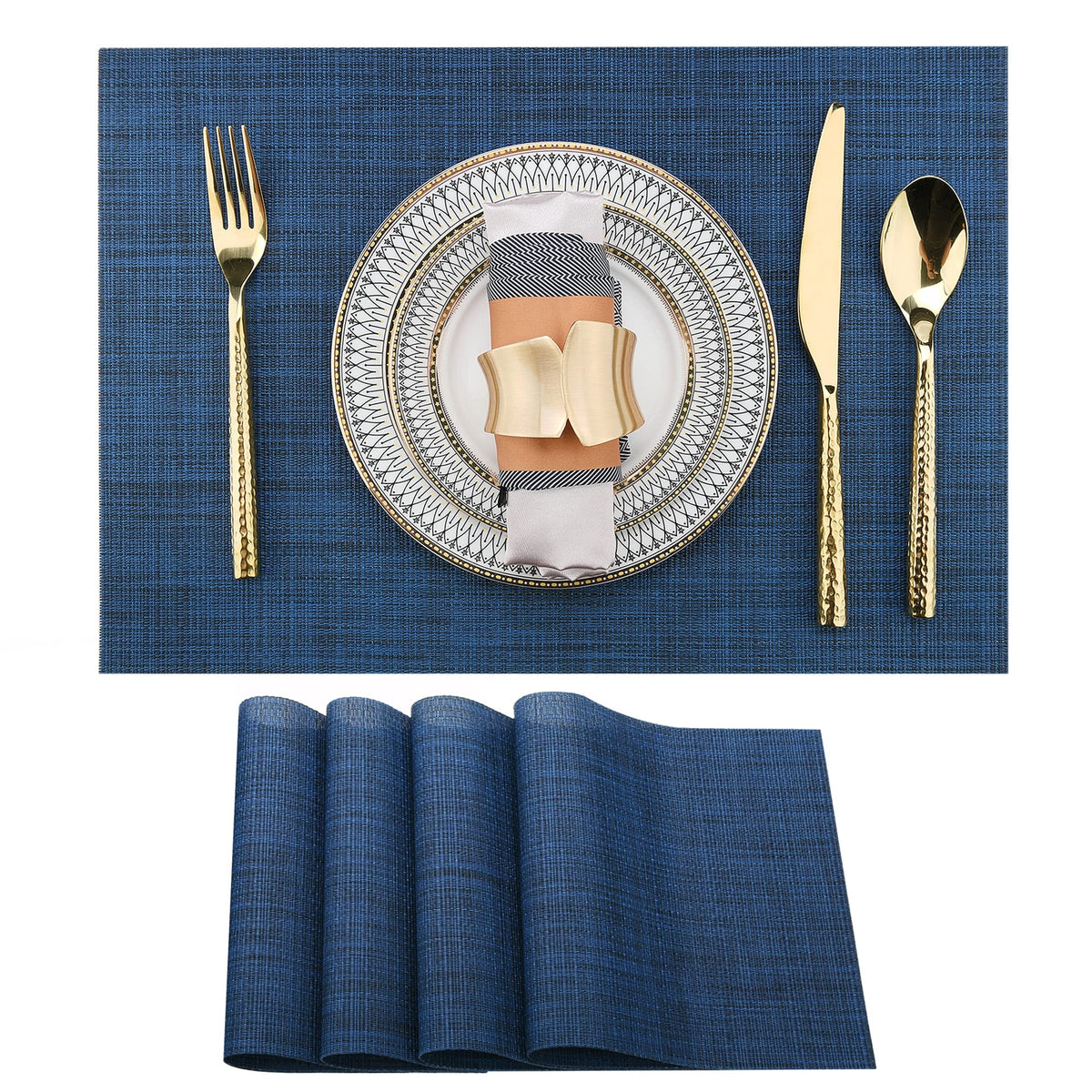 SLKQG Navy Blue Placemats Set of 6 - Easy Clean Washable Vinyl Placemats - Wipeable Heat Resistant Table Mats for Dining Table - 17x12 Inch (Navy Blue, 6)