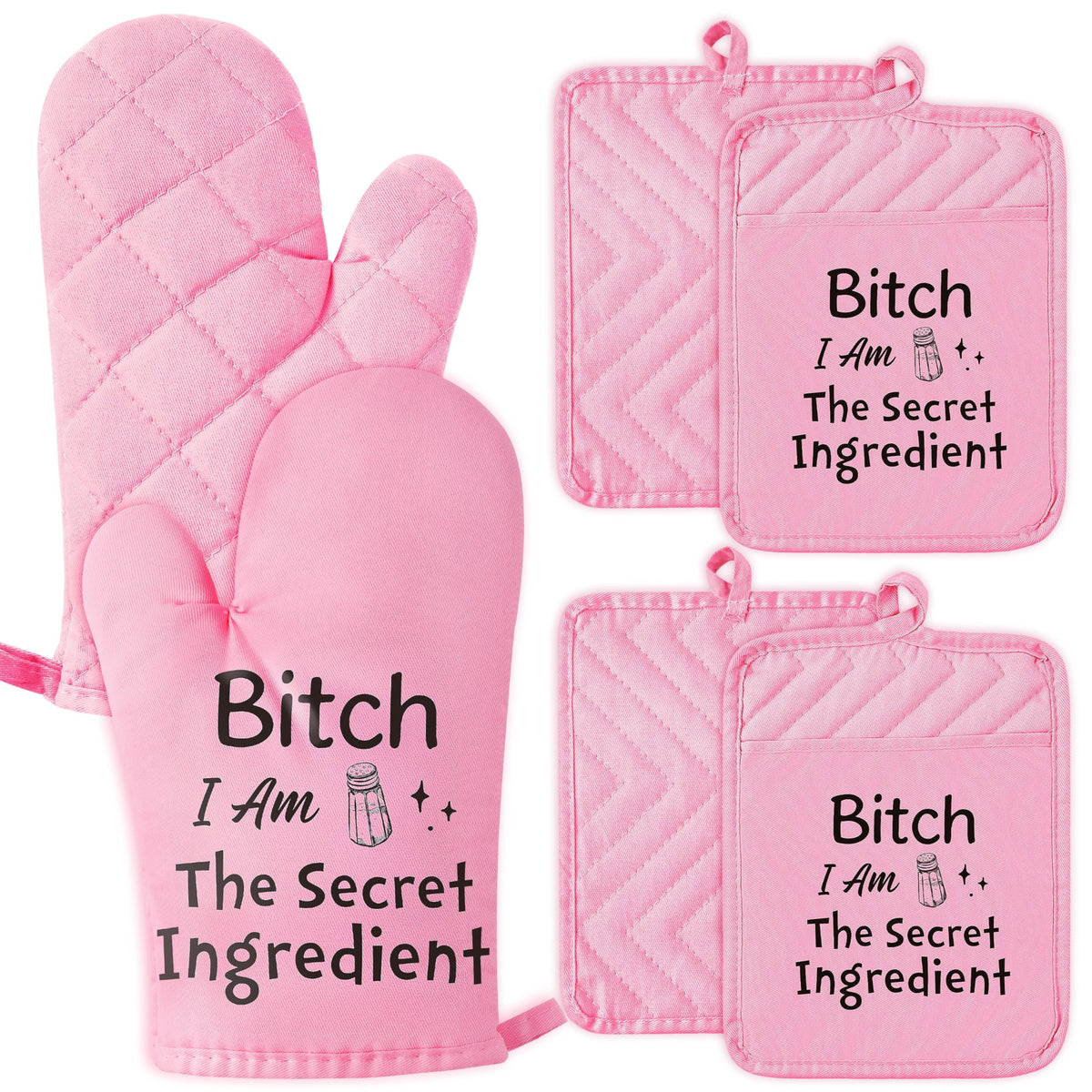 6Pcs Funny Oven Mitts Pot Holders Baking Gift, I Am The Secret Ingredient Resistant Hot Pad Machine Washable Gloves with Hanging Pocket Potholder for Friend Women Gift for Love Kitchen Cooking