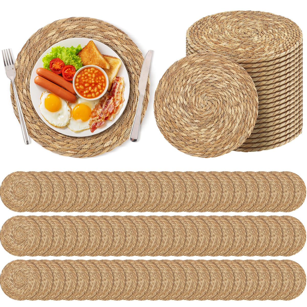 Kochorie Set of 6 Round Woven Placemats - 12 Inch Natural Boho Rattan Wicker Table Mats for Home Dining Table