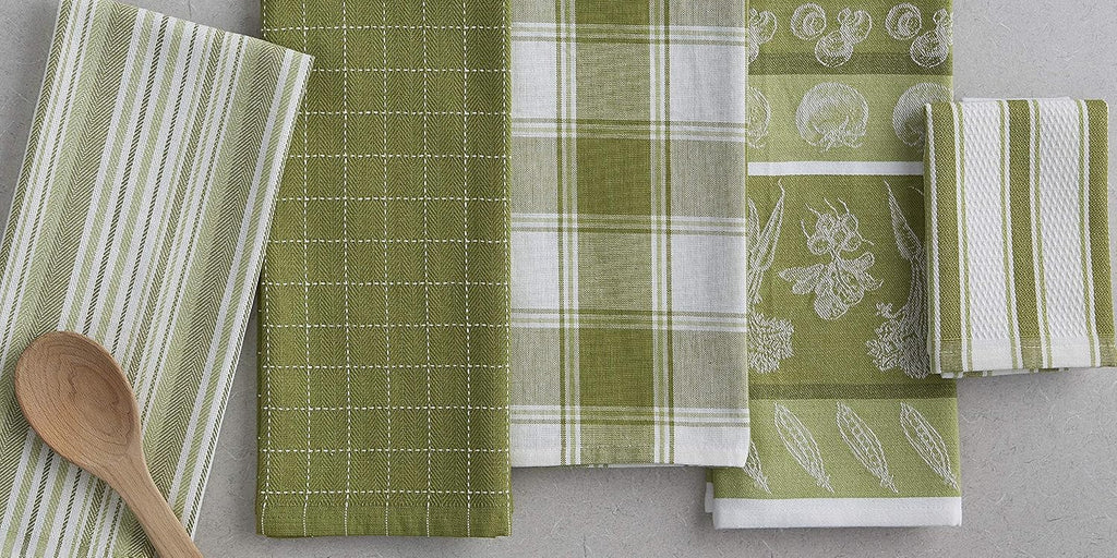 DII Assorted Pattern Kitchen Dishtowels and Dishcloth Set of 5, Parsley Green