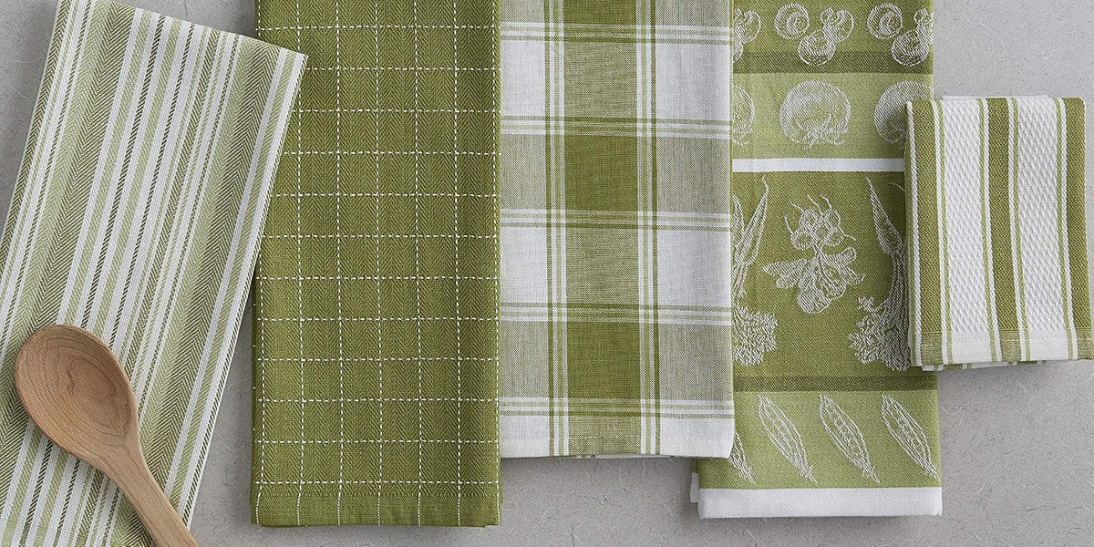DII Assorted Pattern Kitchen Dishtowels and Dishcloth Set of 5, Parsley Green