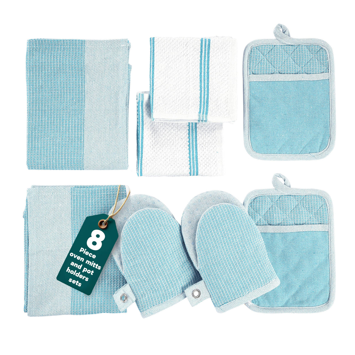 Casa Platino Silicone Oven Mitts Set, 8-Piece – 500°F Heat Resistant Mini Oven Mitt, Potholders for Kitchens, 2 Kitchen Towels & 2 Dish Cloths – Durable, Non-Slip & Machine Washable – Cornflower