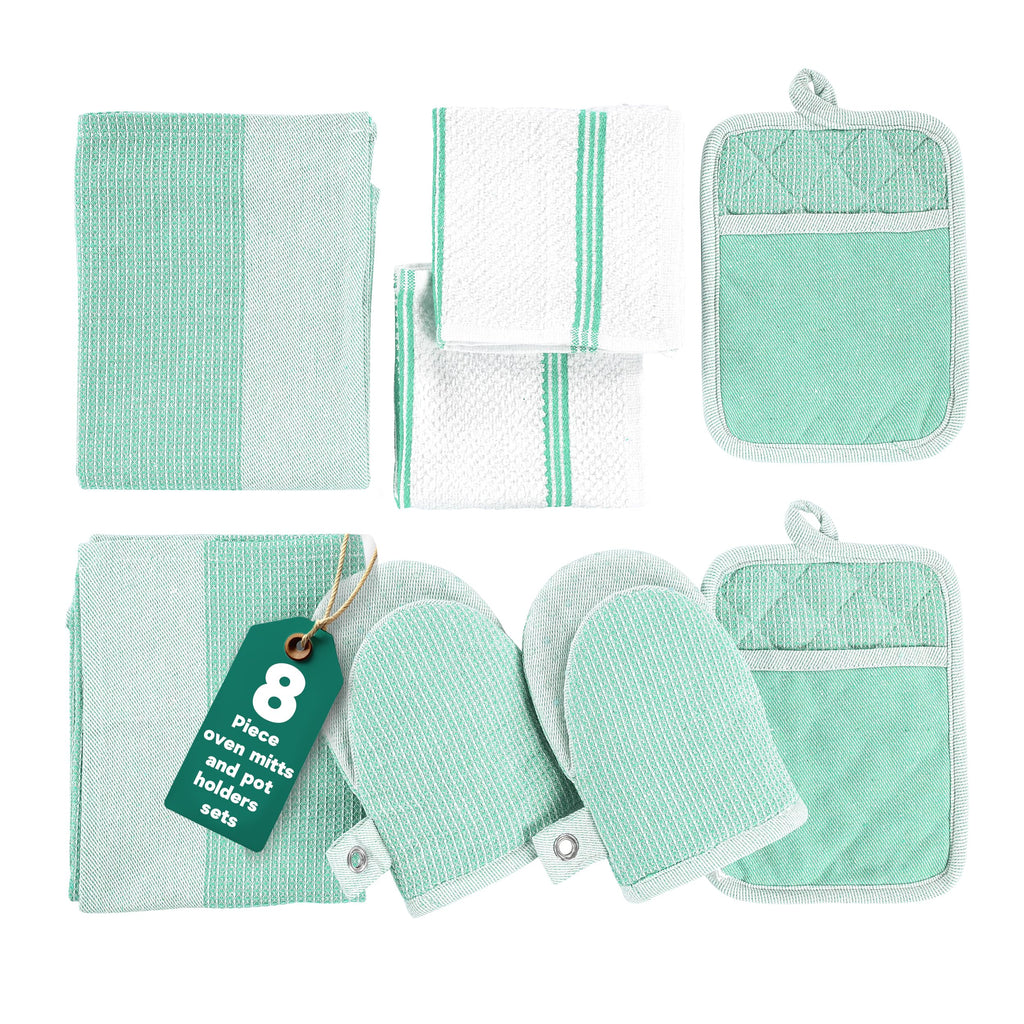 Casa Platino Silicone Oven Mitts Set, 8-Piece – 500°F Heat Resistant Mini Oven Mitt, Potholders for Kitchens, 2 Kitchen Towels & 2 Dish Cloths – Durable, Non-Slip & Machine Washable – Cornflower