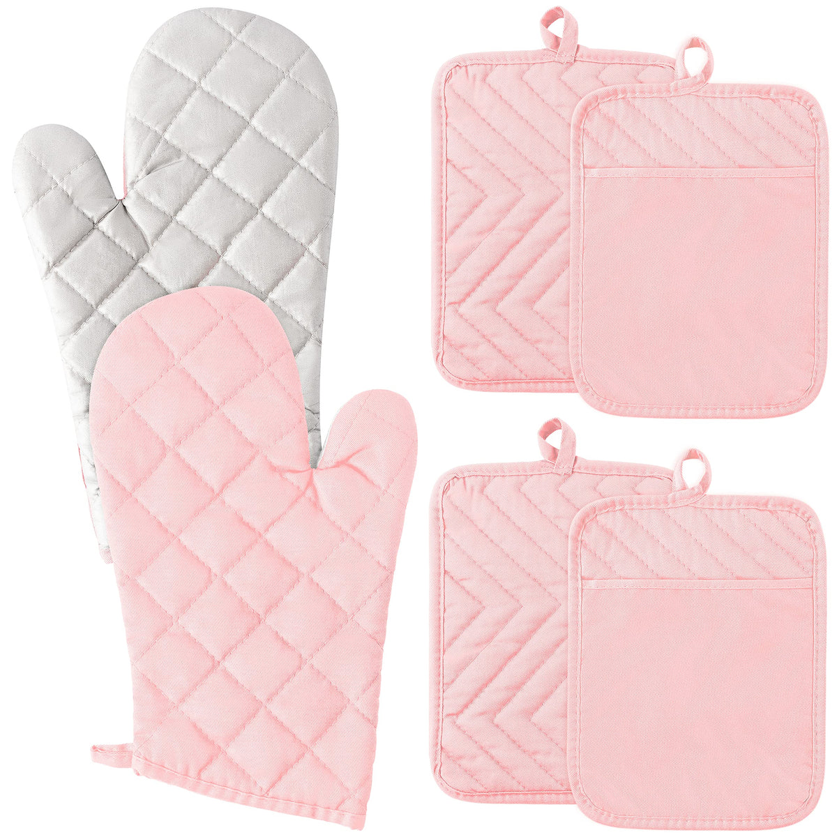 6Pcs Cotton Oven Mitts and Pot Holders Set Durable Hot Pads Machine Washable BBQ Gloves Heat Resistant Pocket Pot Holder with Hanging Loop for Safe Kitchen Baking Cooking Grilling Grey