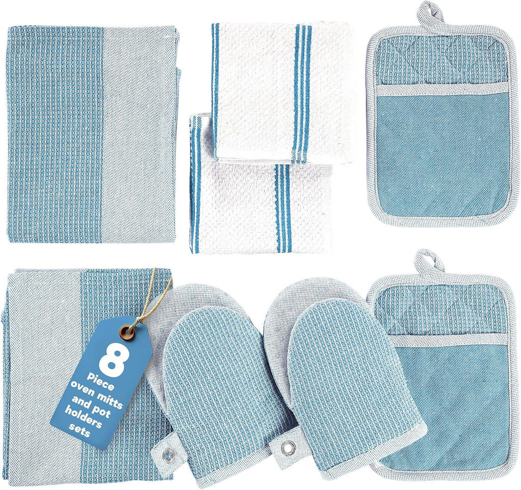 Casa Platino Silicone Oven Mitts Set, 8-Piece – 500°F Heat Resistant Mini Oven Mitt, Potholders for Kitchens, 2 Kitchen Towels & 2 Dish Cloths – Durable, Non-Slip & Machine Washable – Cornflower