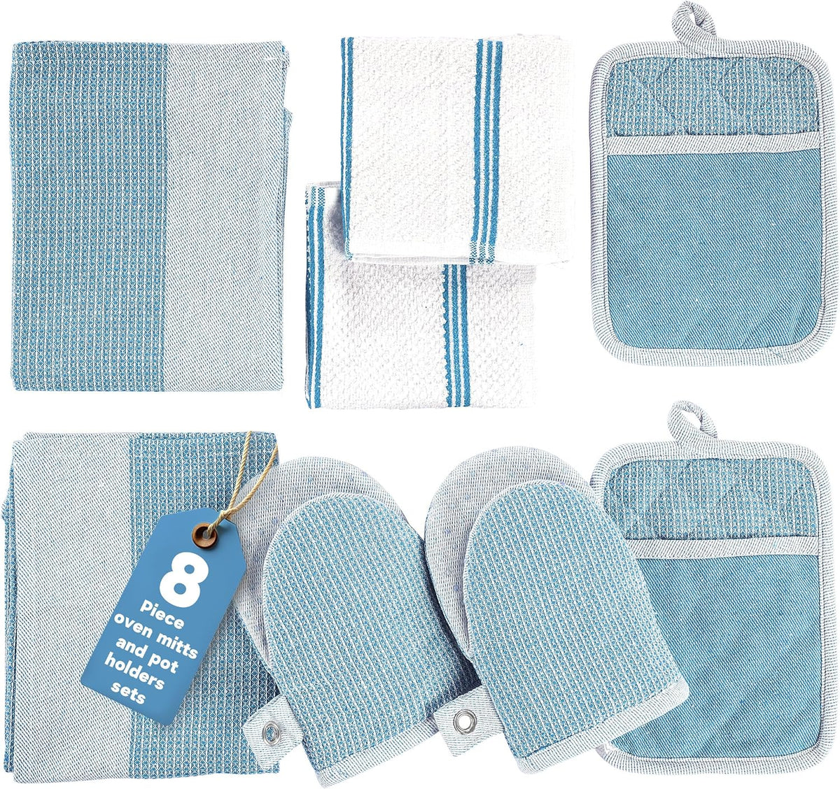 Casa Platino Silicone Oven Mitts Set, 8-Piece – 500°F Heat Resistant Mini Oven Mitt, Potholders for Kitchens, 2 Kitchen Towels & 2 Dish Cloths – Durable, Non-Slip & Machine Washable – Cornflower