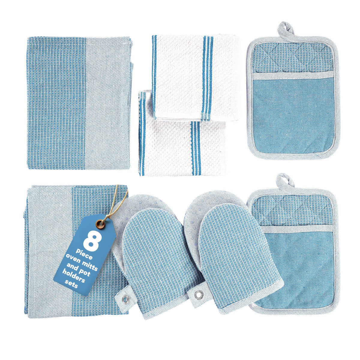 Casa Platino Silicone Oven Mitts Set, 8-Piece – 500°F Heat Resistant Mini Oven Mitt, Potholders for Kitchens, 2 Kitchen Towels & 2 Dish Cloths – Durable, Non-Slip & Machine Washable – Cornflower