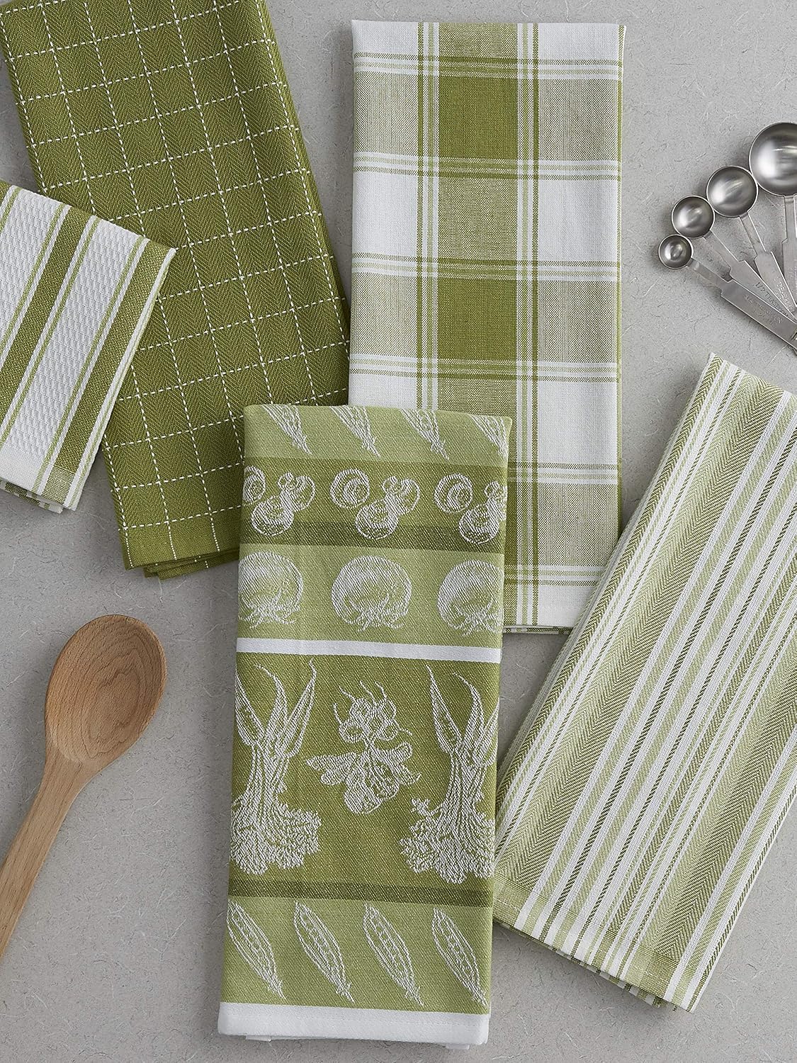 DII Assorted Pattern Kitchen Dishtowels and Dishcloth Set of 5, Parsley Green