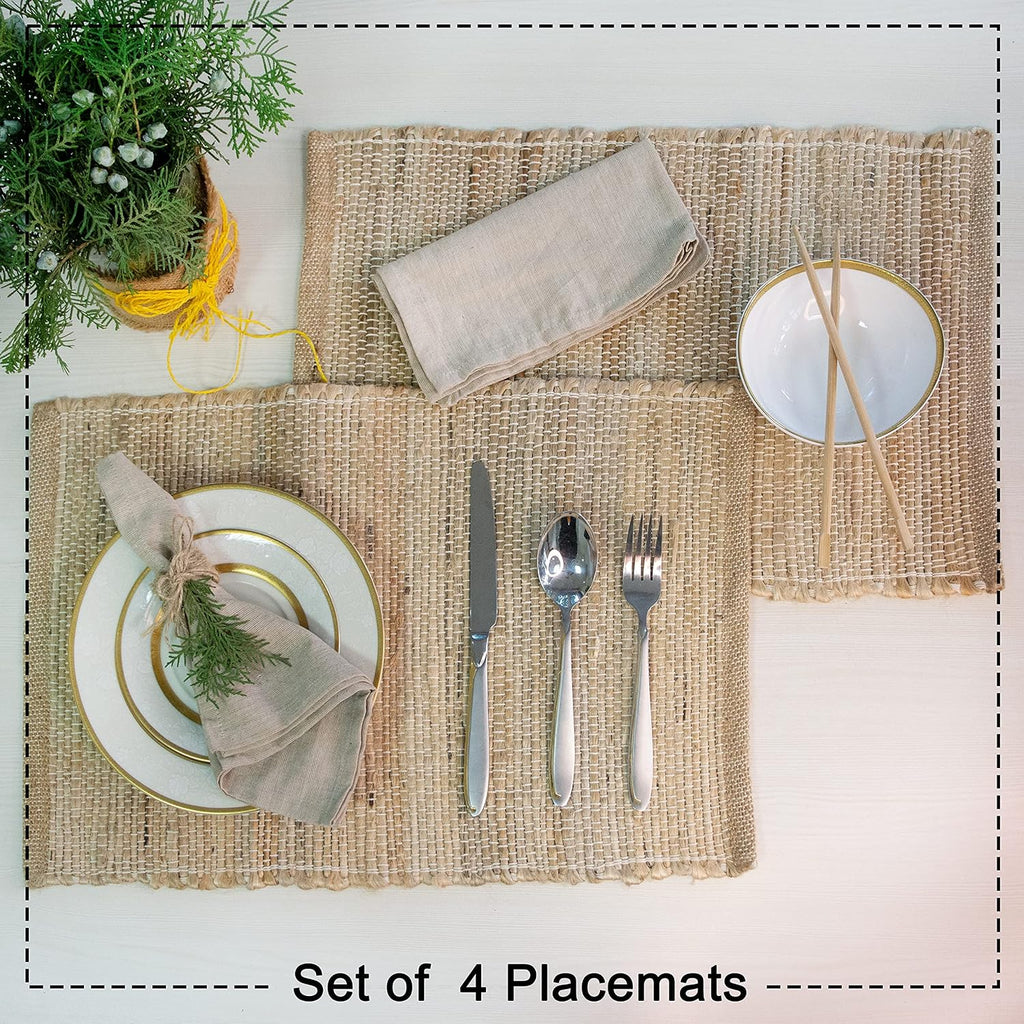 Chardin Home Eco-Friendly Natural Jute/Hemp Placemats 13''x''19, Set of 4 Natural/Beige Table Mats | Perfect for Holidays, Thanksgiving, Christmas, or Everyday Meals