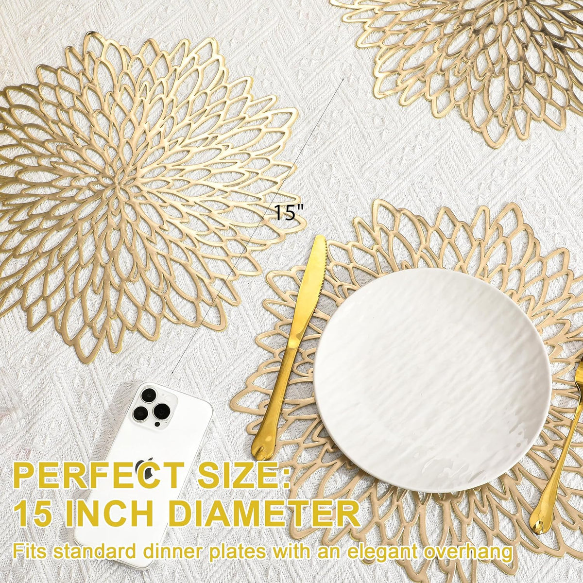 Set of 4 Round Placemats Gold, Heat-Resistant PVC Table Mats with Luxury Metallic Glossy Finish for Thanksgiving Christmas Wedding Party Decor, Easy to Clean