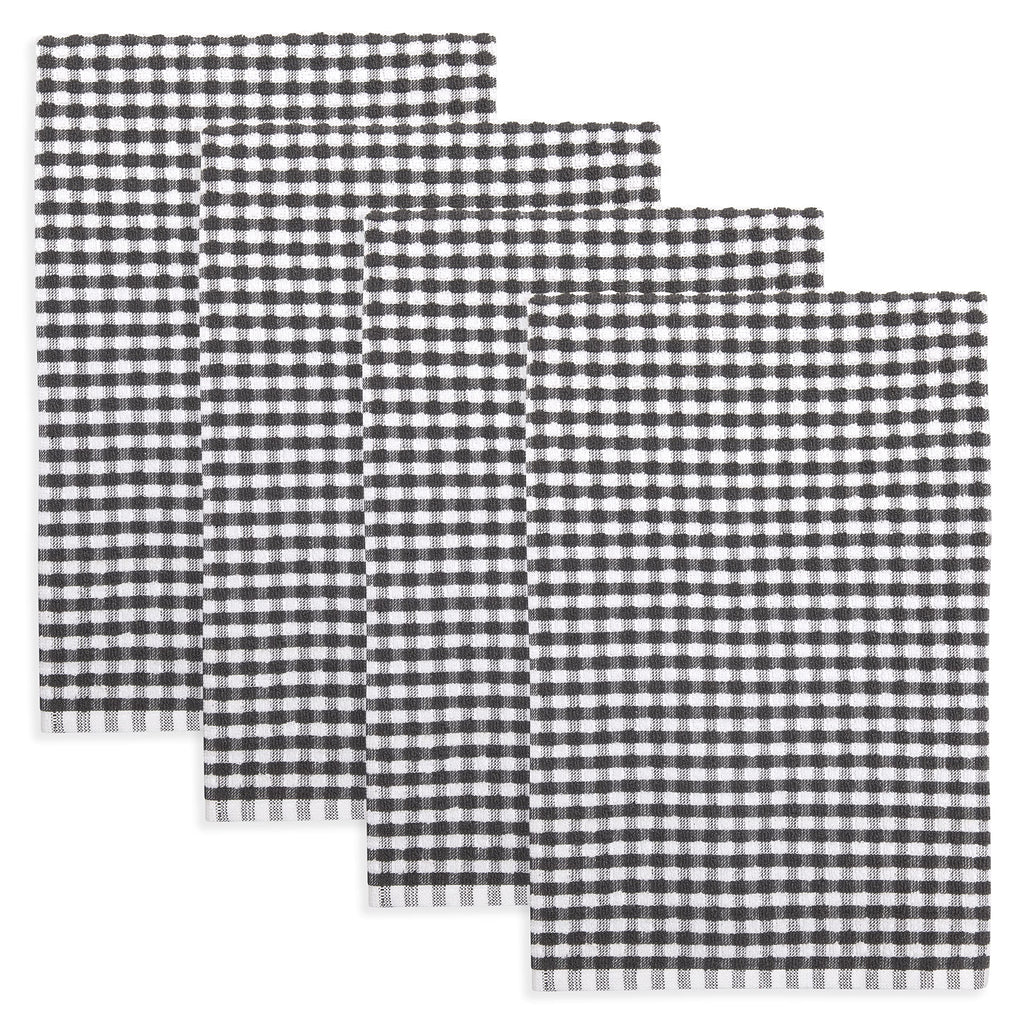 Gingham Check Terrycloth Kitchen Dish Towel Absorbent Large 18 x 28 Inches with Hanging Loop, Set of 4 (Lemon Yellow)