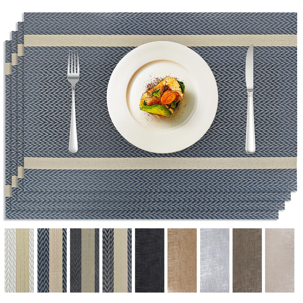 COOLMI Beige Placemats Set of 4, Washable Woven PVC Table Mats, Heat Resistant Non-Slip Place Mats for Dining Table, Flat Pack No Curled Edges, Indoor Outdoor, 17 x 12 Inch