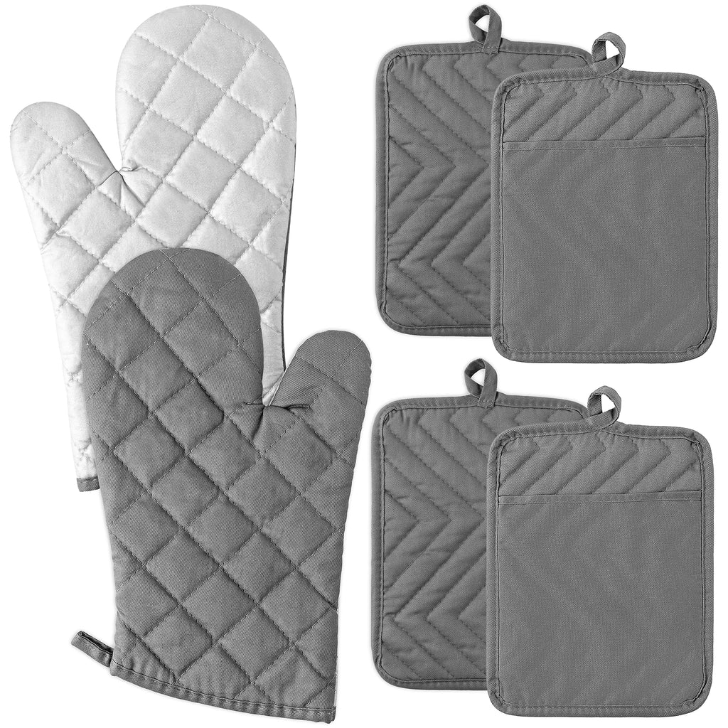 6Pcs Cotton Oven Mitts and Pot Holders Set Durable Hot Pads Machine Washable BBQ Gloves Heat Resistant Pocket Pot Holder with Hanging Loop for Safe Kitchen Baking Cooking Grilling Grey