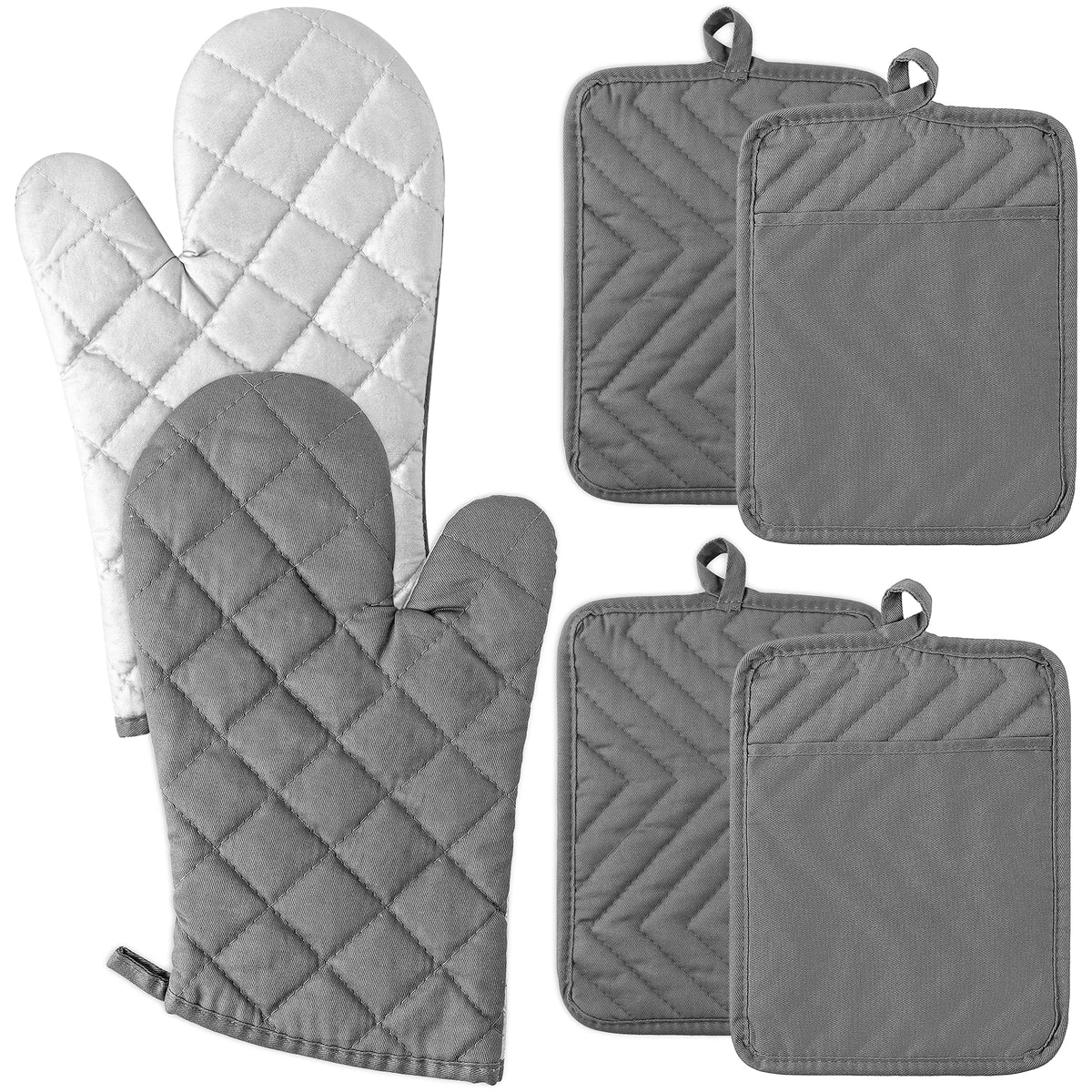 6Pcs Cotton Oven Mitts and Pot Holders Set Durable Hot Pads Machine Washable BBQ Gloves Heat Resistant Pocket Pot Holder with Hanging Loop for Safe Kitchen Baking Cooking Grilling Grey