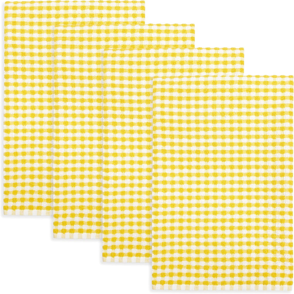 Gingham Check Terrycloth Kitchen Dish Towel Absorbent Large 18 x 28 Inches with Hanging Loop, Set of 4 (Lemon Yellow)