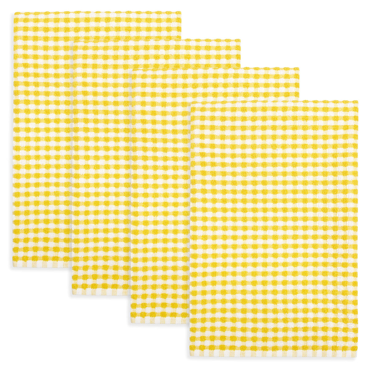 Gingham Check Terrycloth Kitchen Dish Towel Absorbent Large 18 x 28 Inches with Hanging Loop, Set of 4 (Lemon Yellow)