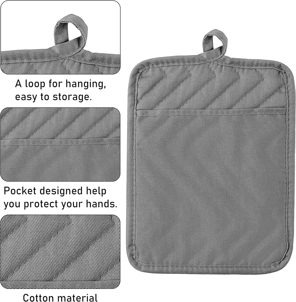 6Pcs Cotton Oven Mitts and Pot Holders Set Durable Hot Pads Machine Washable BBQ Gloves Heat Resistant Pocket Pot Holder with Hanging Loop for Safe Kitchen Baking Cooking Grilling Grey