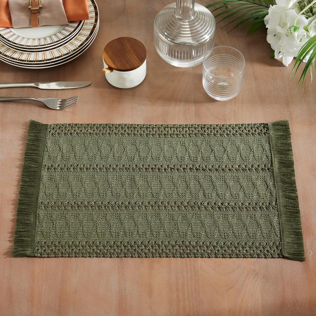 ZeeMart Macrame Style Boho Placemats Set of 4, Olive 12x20 Inch